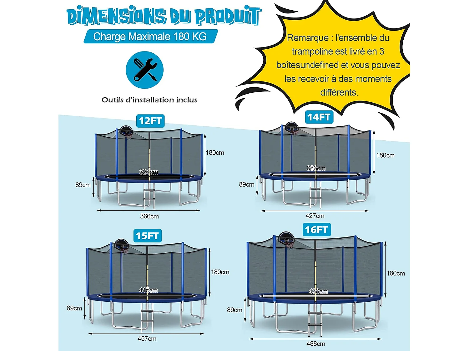 Trampoline d'extérieur, ø 377 cm, trampoline de jardin avec panier de basket
