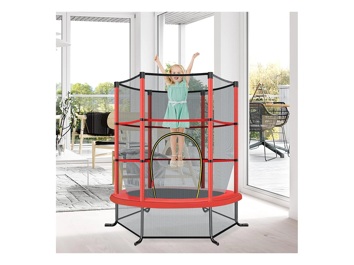 Trampoline de Jardin pour Enfants Ø165 CM avec Filet de Protection,Appuis de Ressorts et Structure en Acier, Rouge