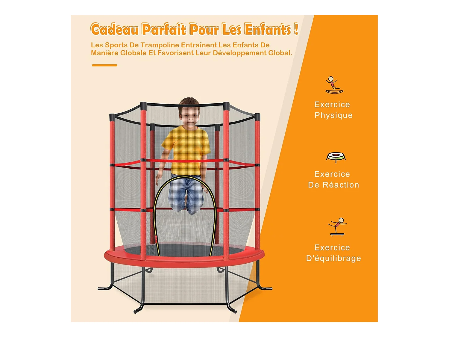 Trampoline de Jardin pour Enfants Ø165 CM avec Filet de Protection,Appuis de Ressorts et Structure en Acier, Rouge