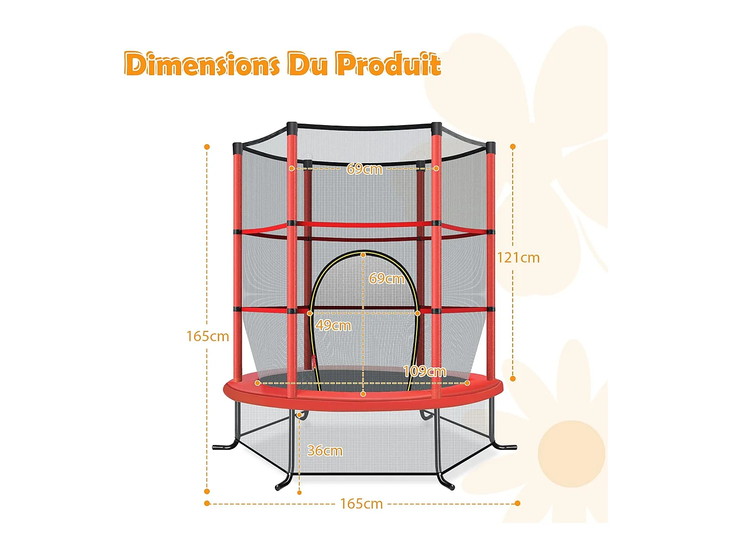 Trampoline de Jardin pour Enfants Ø165 CM avec Filet de Protection,Appuis de Ressorts et Structure en Acier, Rouge