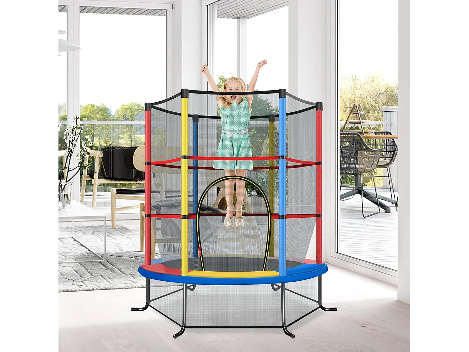 Trampoline de Jardin pour Enfants Ø165 CM avec Filet de Protection,Appuis de Ressorts et Structure en Acier, Coloré