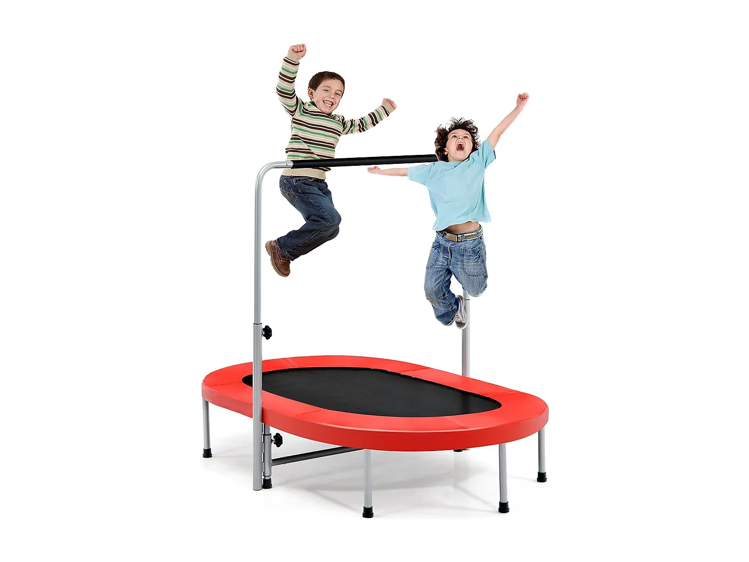 Trampoline Pliable pour 2 Enfants Intérieur/Extérieur avec Main Courante Ajustable Coussin Tapis de Saut Charge 150kg Rouge