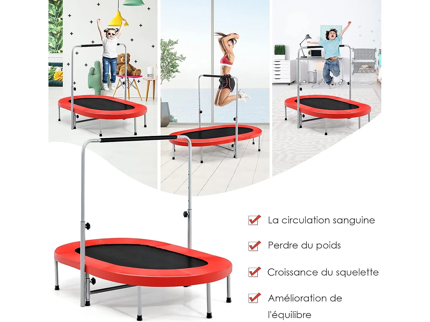 Trampoline Pliable pour 2 Enfants Intérieur/Extérieur avec Main Courante Ajustable Coussin Tapis de Saut Charge 150kg Rouge