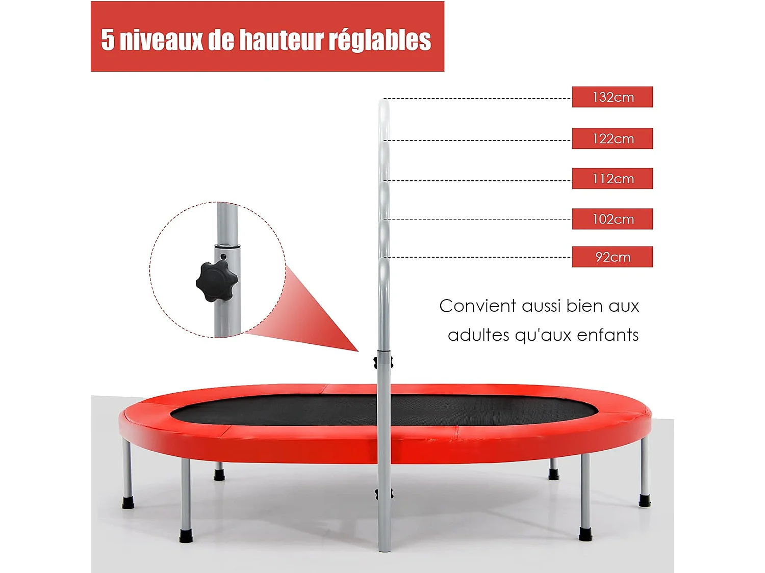 Trampoline Pliable pour 2 Enfants Intérieur/Extérieur avec Main Courante Ajustable Coussin Tapis de Saut Charge 150kg Rouge