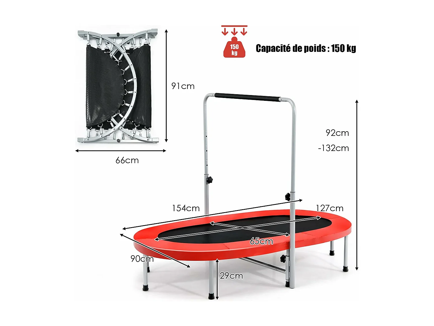 Trampoline Pliable pour 2 Enfants Intérieur/Extérieur avec Main Courante Ajustable Coussin Tapis de Saut Charge 150kg Rouge