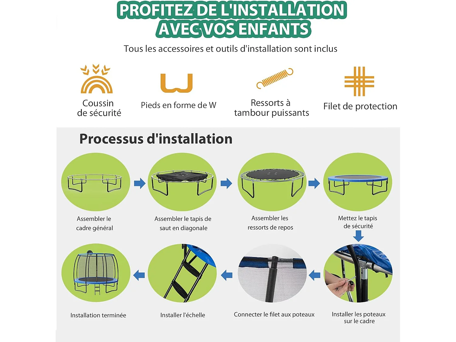 Trampoline extérieur ø 3,04 m avec filet de protection