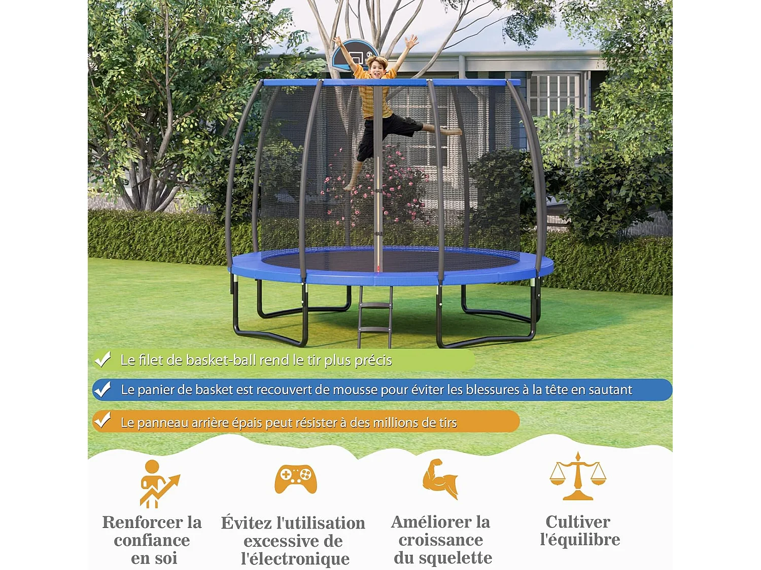 Ø305CM Buitentrampoline voor kinderen met basketbalring, ronde tuintrampoline met veiligheidsnet, GS-certificering, schuimhoes, draagvermogen 150 kg voor kinderen