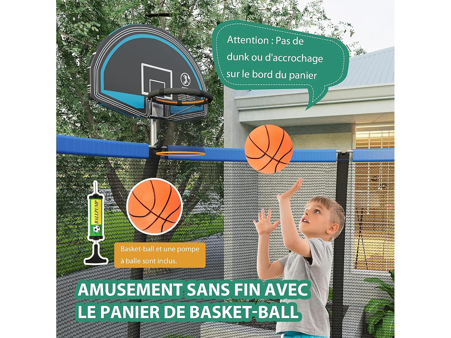 Ø305CM Buitentrampoline voor kinderen met basketbalring, ronde tuintrampoline met veiligheidsnet, GS-certificering, schuimhoes, draagvermogen 150 kg voor kinderen