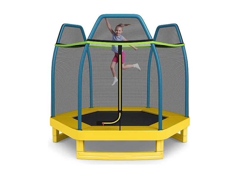 Trampoline Extérieur Ø 223cm Enfants avec Filet de Sécurité, 36 Ressorts Protégés Structure Acier Galvanisé Tapis de Saut PP Jaune
