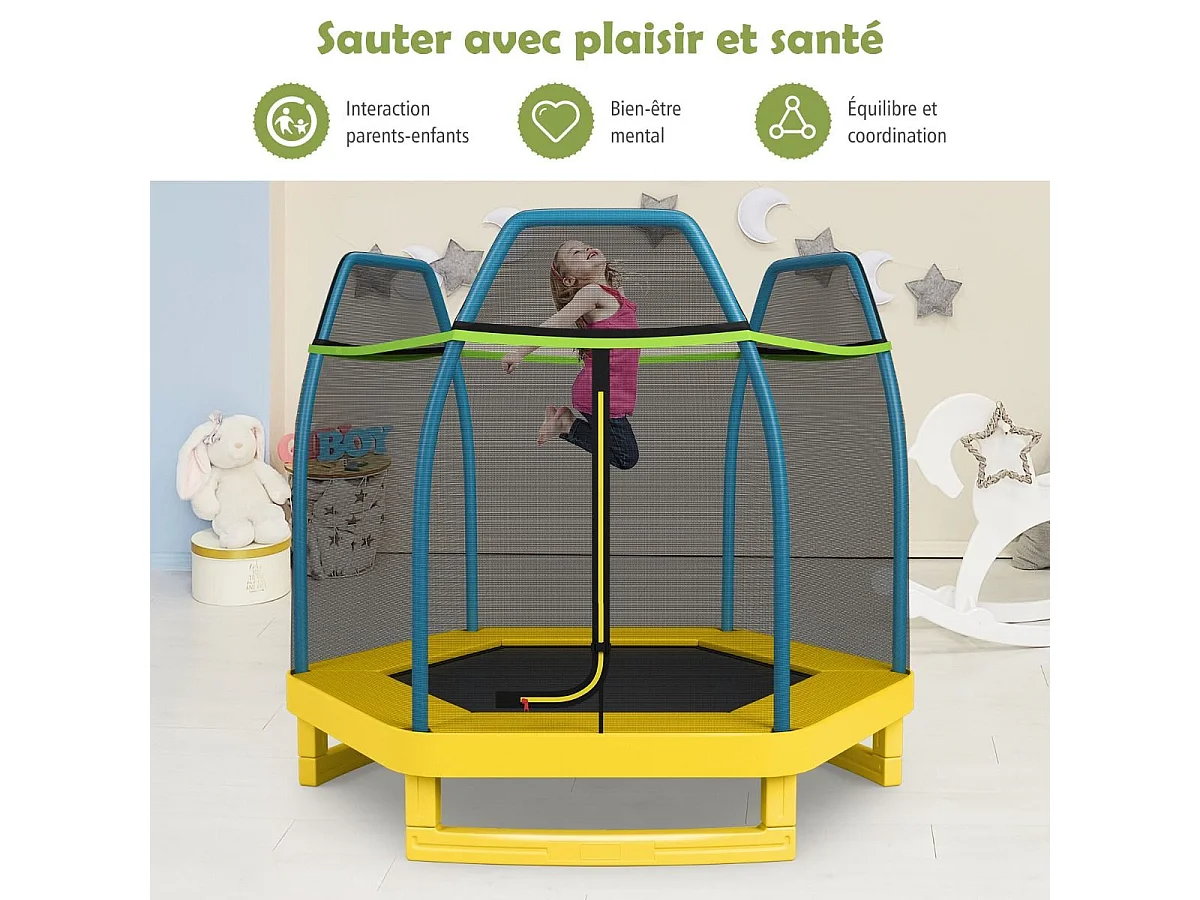 Trampoline Extérieur Ø 223cm Enfants avec Filet de Sécurité, 36 Ressorts Protégés Structure Acier Galvanisé Tapis de Saut PP Jaune