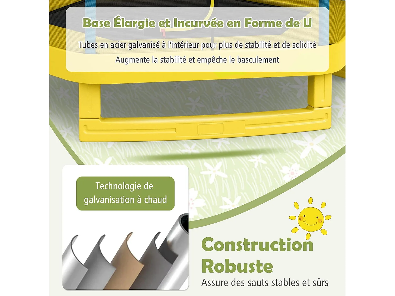 Trampoline Extérieur Ø 223cm Enfants avec Filet de Sécurité, 36 Ressorts Protégés Structure Acier Galvanisé Tapis de Saut PP Jaune