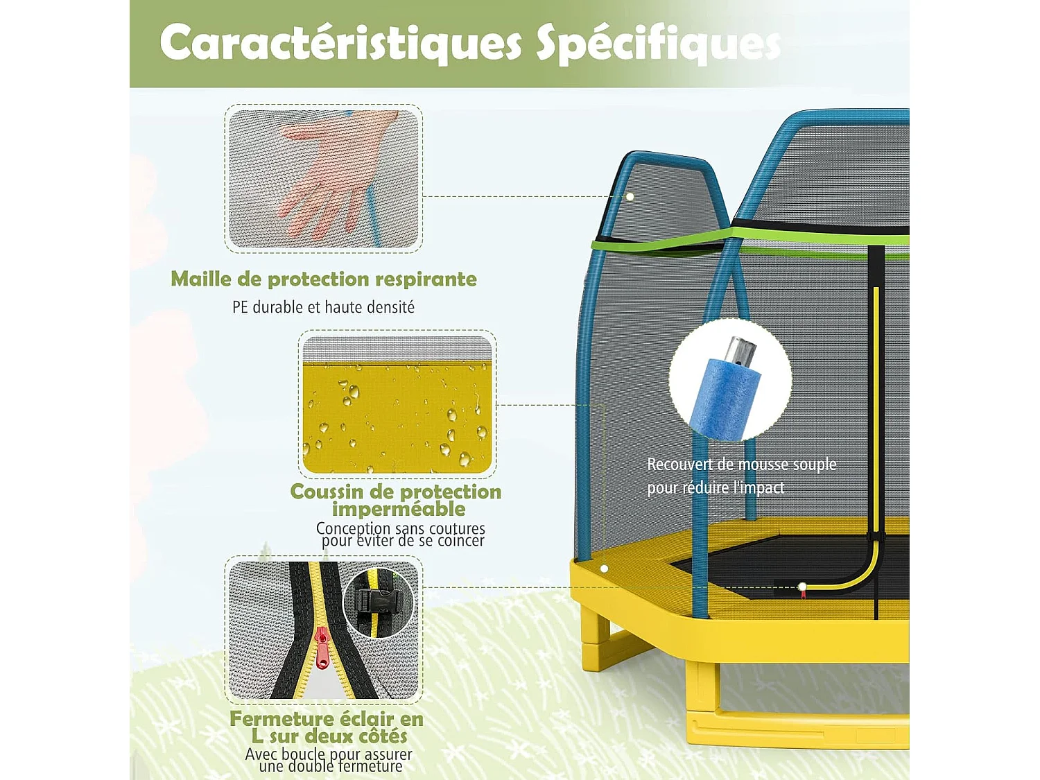 Trampoline Extérieur Ø 223cm Enfants avec Filet de Sécurité, 36 Ressorts Protégés Structure Acier Galvanisé Tapis de Saut PP Jaune