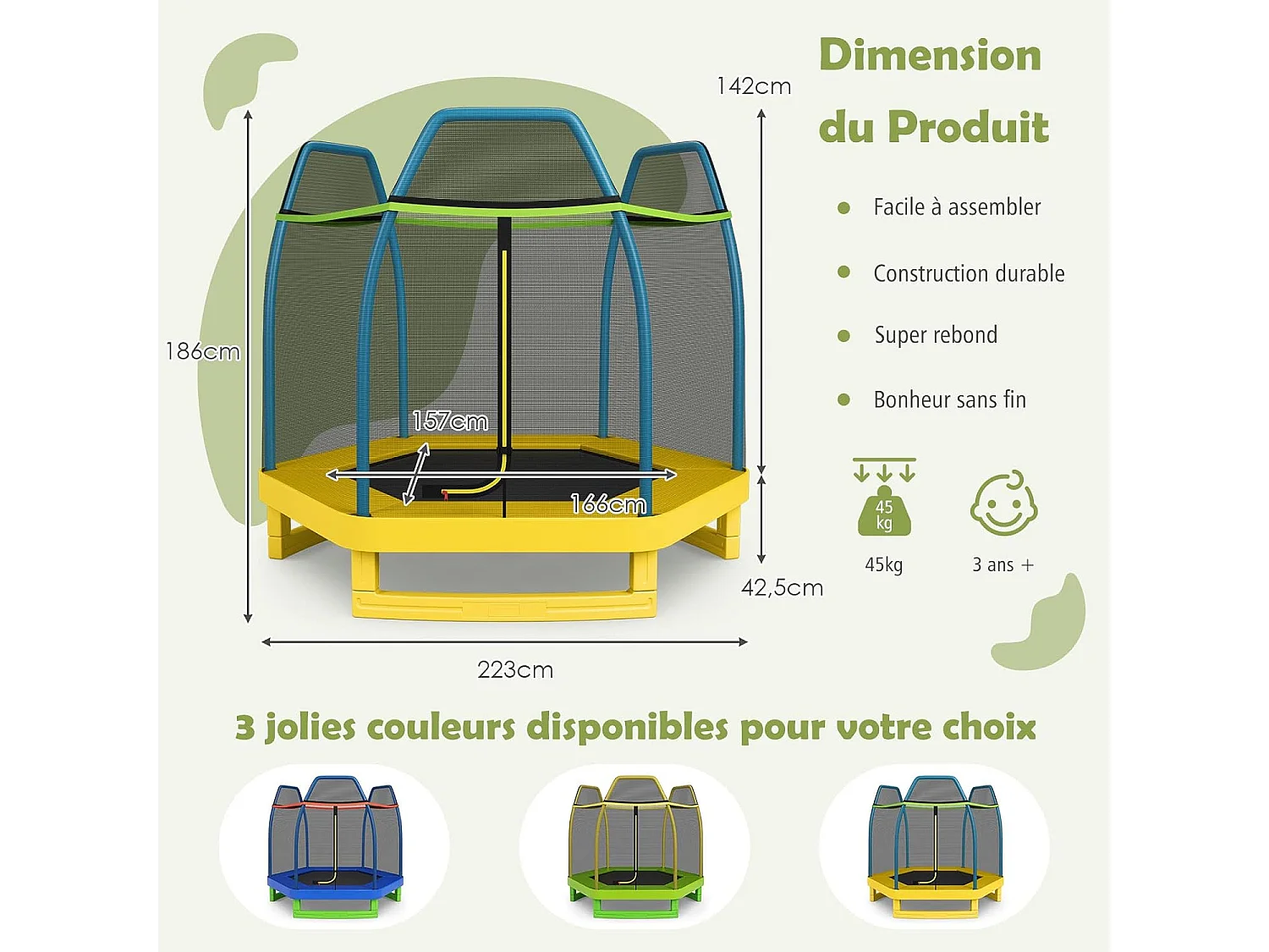 Trampoline Extérieur Ø 223cm Enfants avec Filet de Sécurité, 36 Ressorts Protégés Structure Acier Galvanisé Tapis de Saut PP Jaune