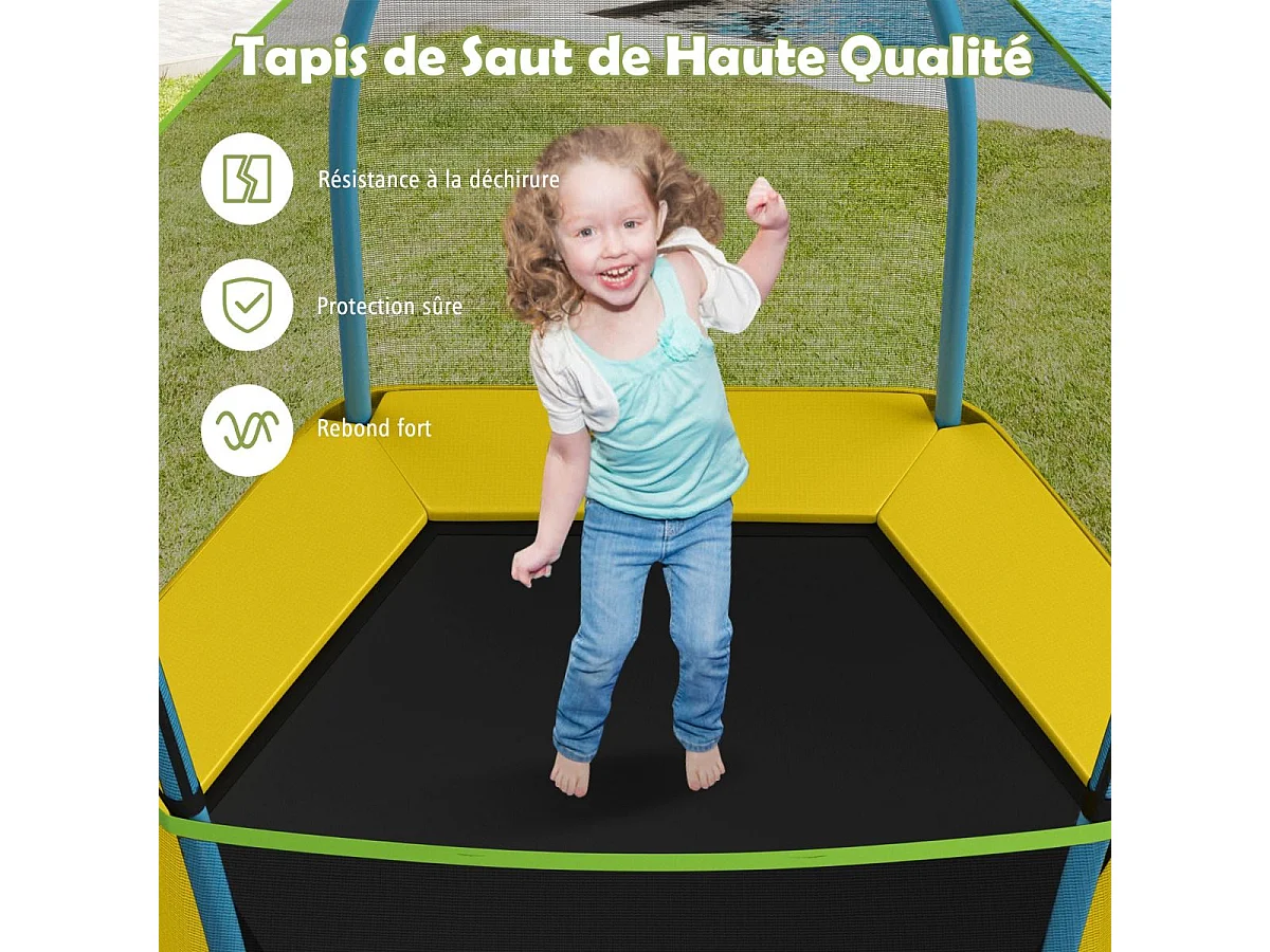 Trampoline Extérieur Ø 223cm Enfants avec Filet de Sécurité, 36 Ressorts Protégés Structure Acier Galvanisé Tapis de Saut PP Jaune