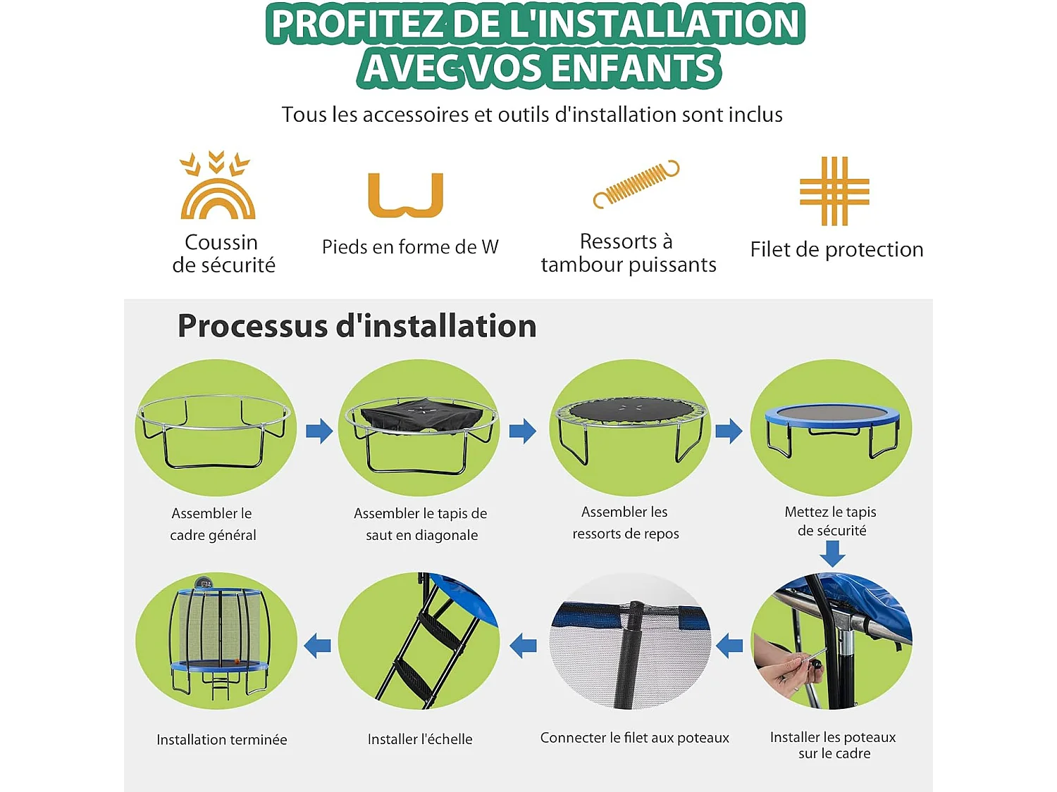 Trampoline extérieur ø 2,45 m avec filet de protection