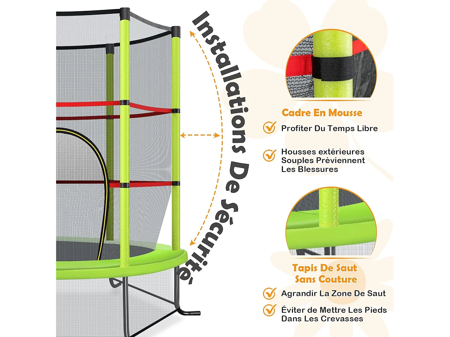 Trampoline de Jardin pour Enfants Ø165 CM avec Filet de Protection,Appuis de Ressorts et Structure en Acier, Vert