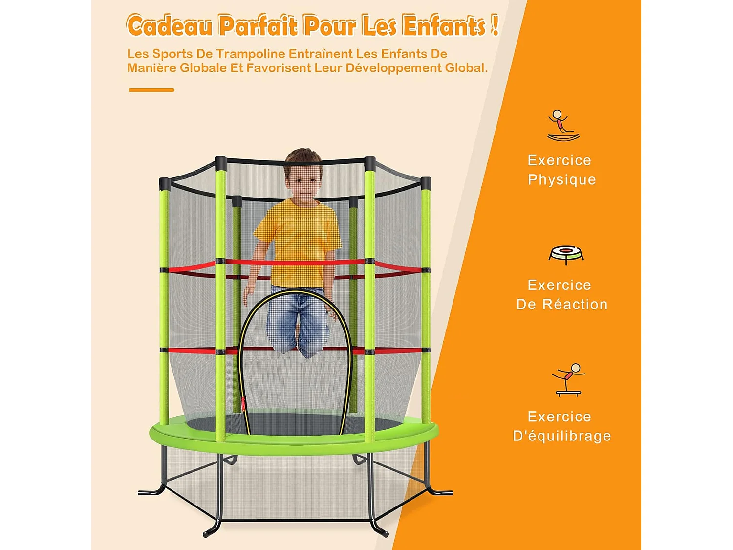 Trampoline de Jardin pour Enfants Ø165 CM avec Filet de Protection,Appuis de Ressorts et Structure en Acier, Vert