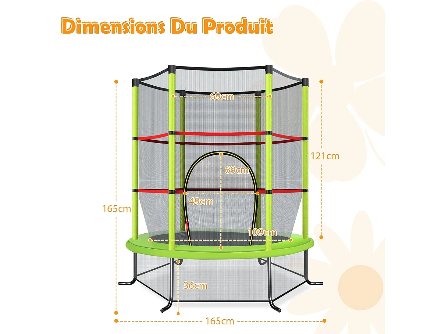 Trampoline de Jardin pour Enfants Ø165 CM avec Filet de Protection,Appuis de Ressorts et Structure en Acier, Vert