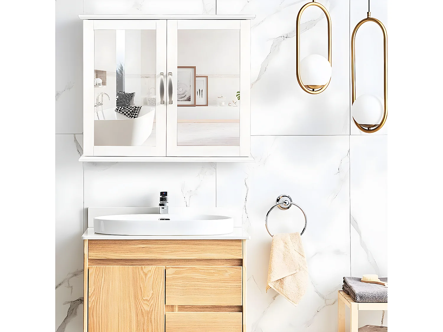 Armoire murale de salle de bain, avec 2 portes et miroir, 2 niveaux,60x14,5x50cm