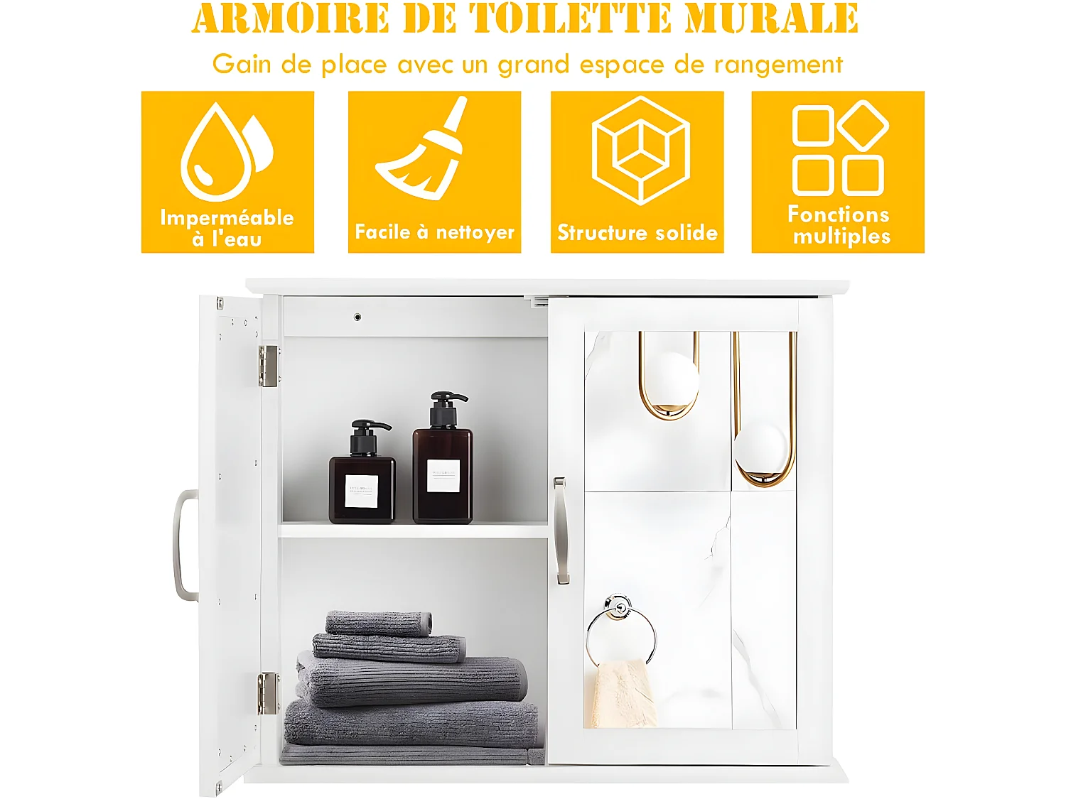 Armoire murale de salle de bain, avec 2 portes et miroir, 2 niveaux,60x14,5x50cm