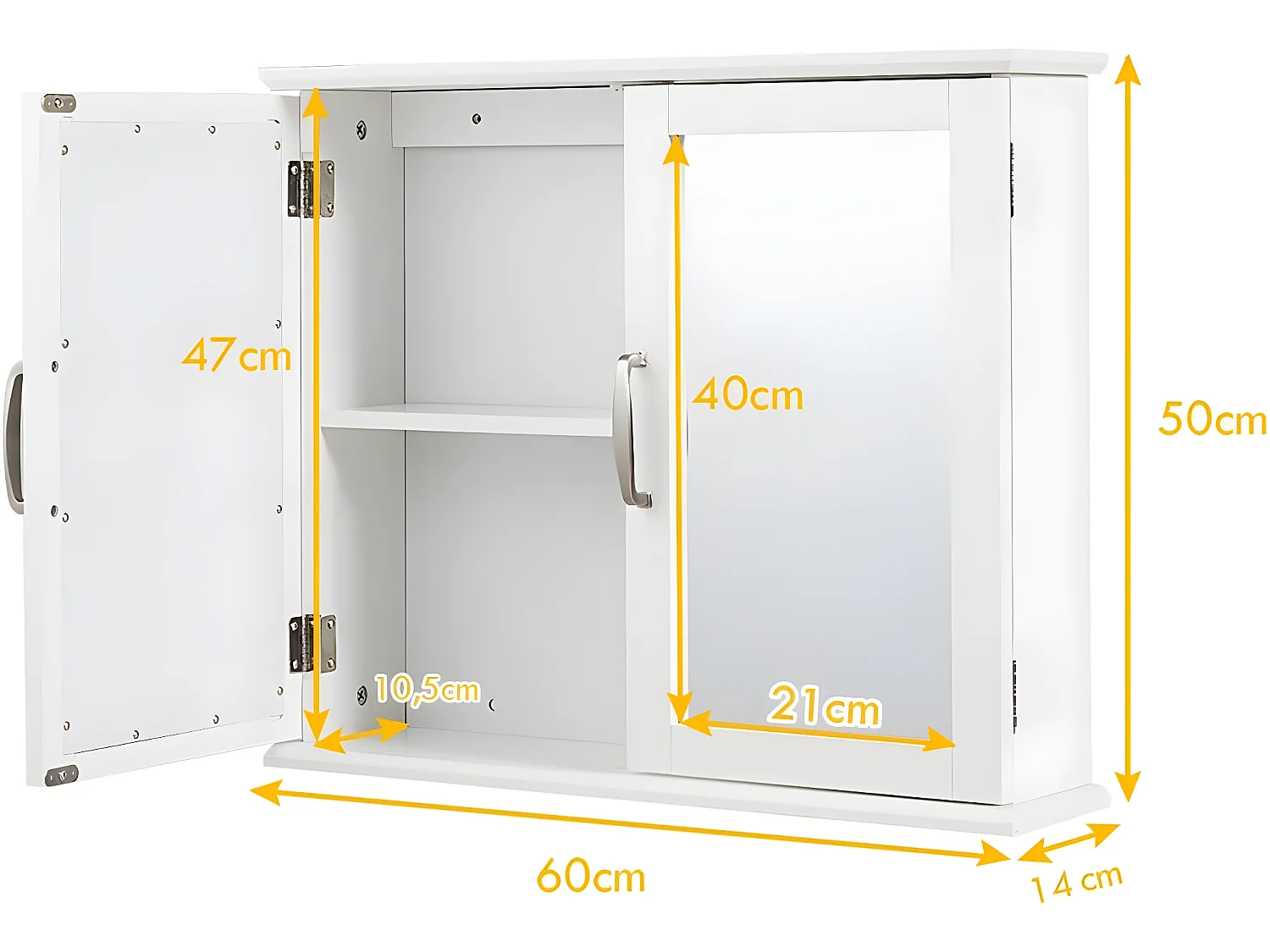 Armoire murale de salle de bain, avec 2 portes et miroir, 2 niveaux,60x14,5x50cm