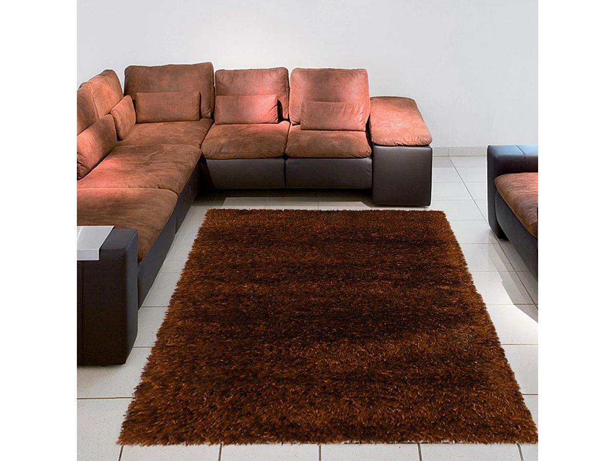 Tapis longs poils shaggy 90x160 rectangle fait main marron motif uni MELANGE