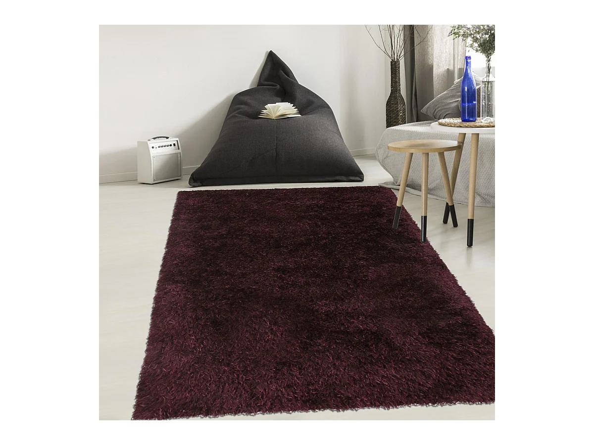 Tapis shaggy Ø100cm rond fait main violet motif uni MALAIDORY
