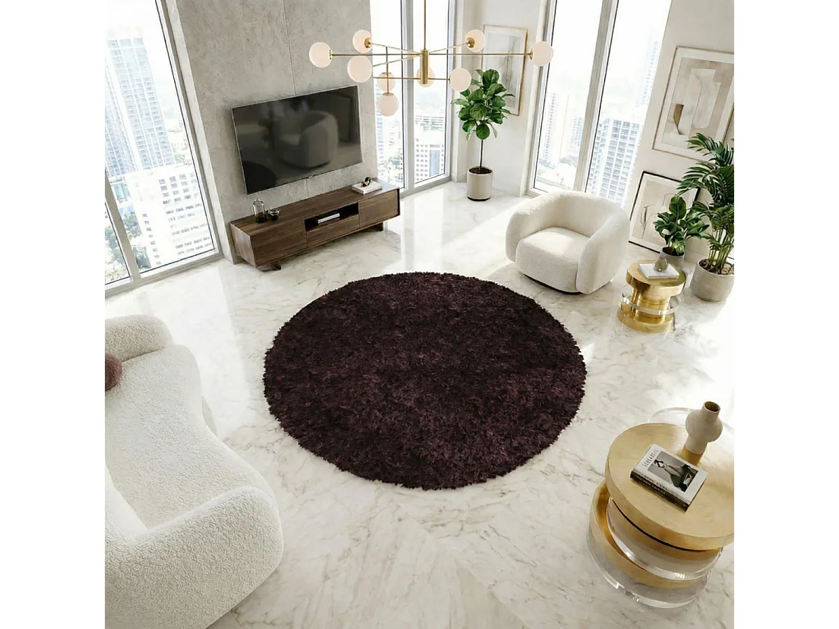 Tapis shaggy Ø100cm rond fait main violet motif uni MALAIDORY