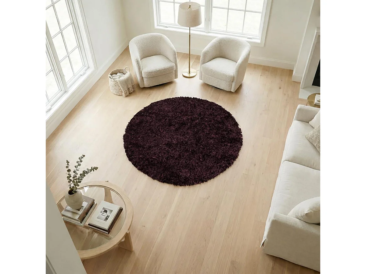 Tapis shaggy Ø100cm rond fait main violet motif uni MALAIDORY