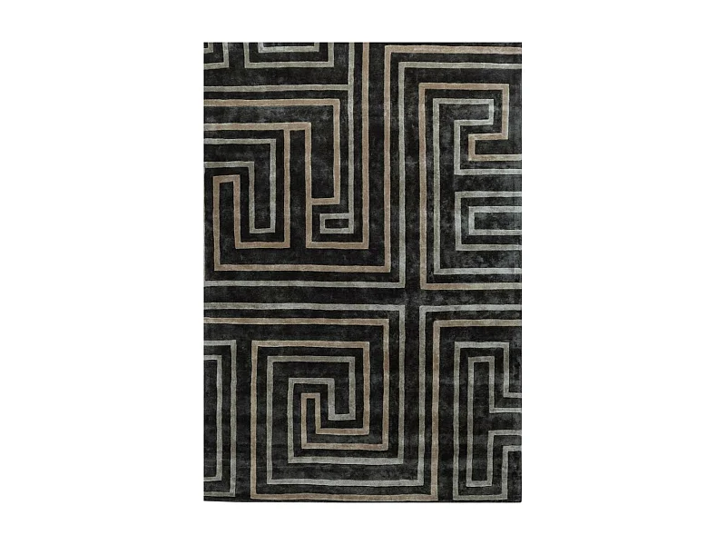 tapis grand salon 190x260 fait main en soie noir rectangle motif géométrique
