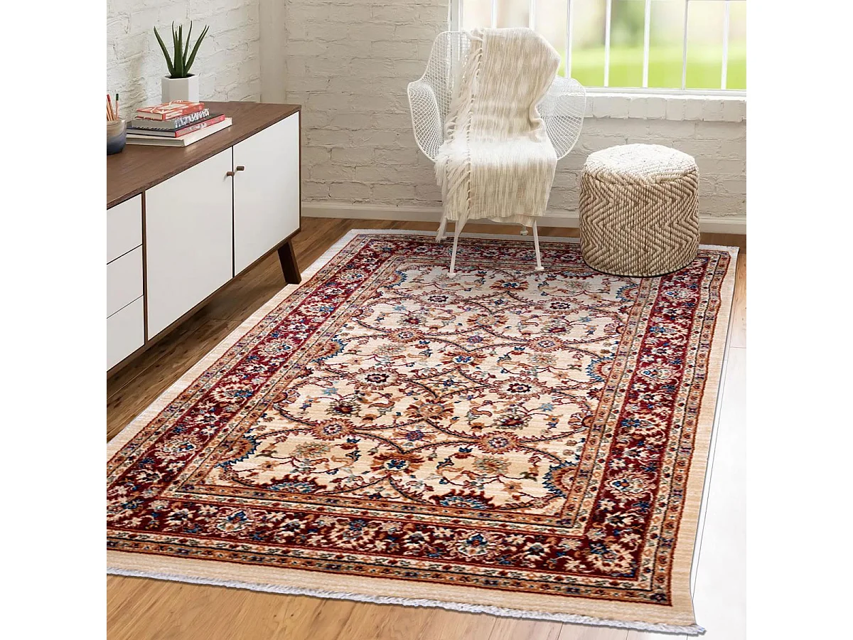 Tapis orient 120x180 rectangle ivoire et rouge tissé motif traditionnel CHOBAY D