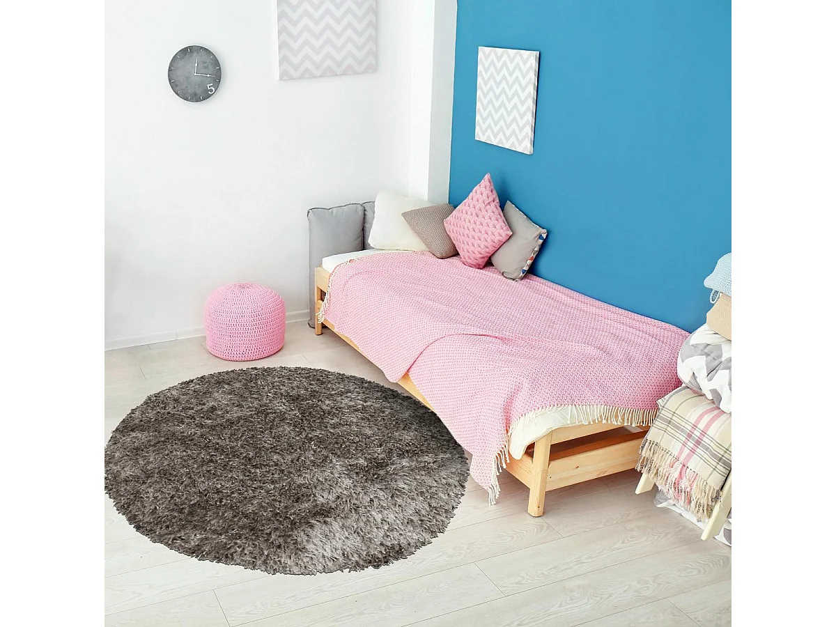 Tapis shaggy Ø100cm rond fait main gris motif uni MALAIDORY