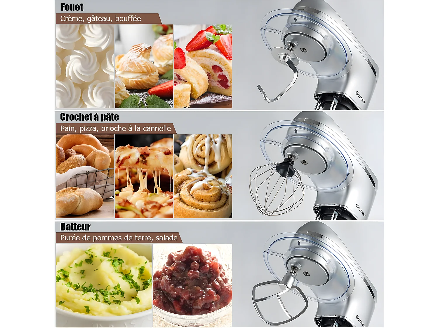 Robot pâtissier 1300w,220-240v~50/60hz avec bol d'acier inox 5,5l, vitesse réglable à 10 niveaux