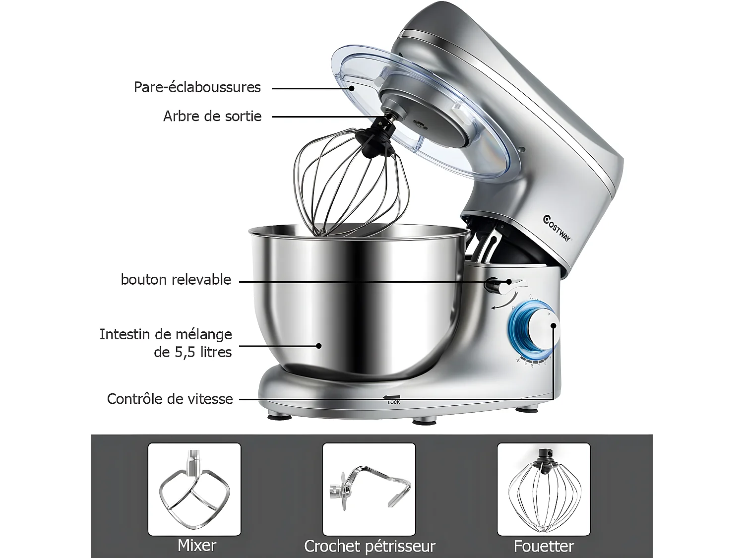 Robot pâtissier 1300w,220-240v~50/60hz avec bol d'acier inox 5,5l, vitesse réglable à 10 niveaux
