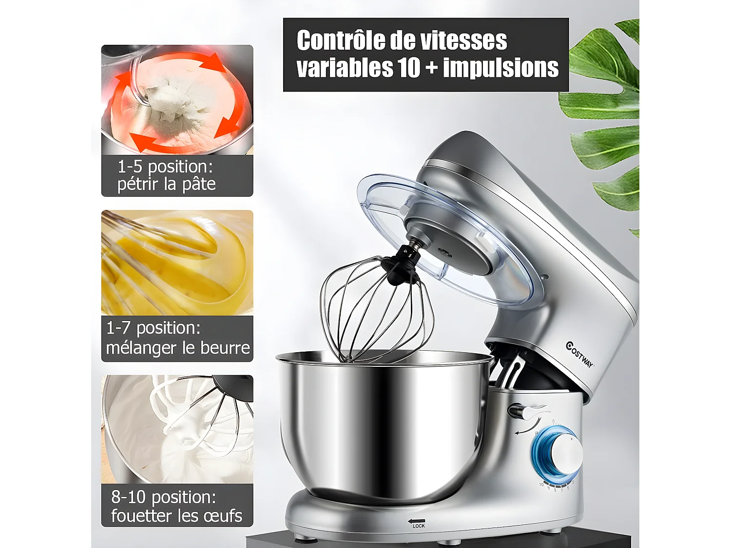 Robot pâtissier 1300w,220-240v~50/60hz avec bol d'acier inox 5,5l, vitesse réglable à 10 niveaux