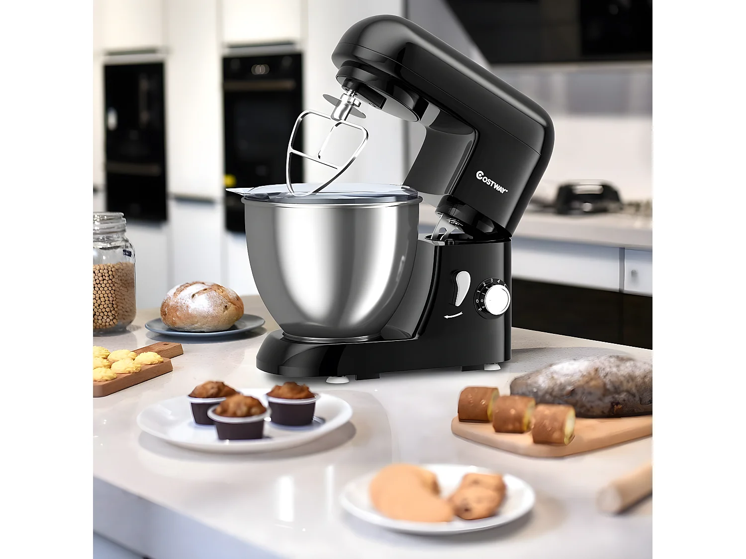 Robot pâtissier 1300w avec bol d'acier inox 4l, vitesse réglable à 6 niveaux