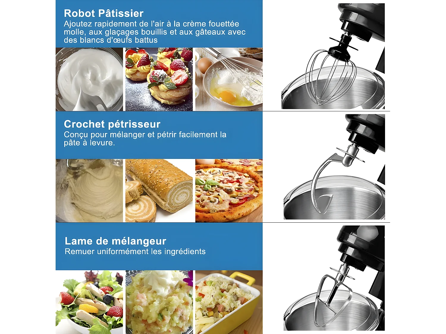 Robot pâtissier 1300w avec bol d'acier inox 4l, vitesse réglable à 6 niveaux