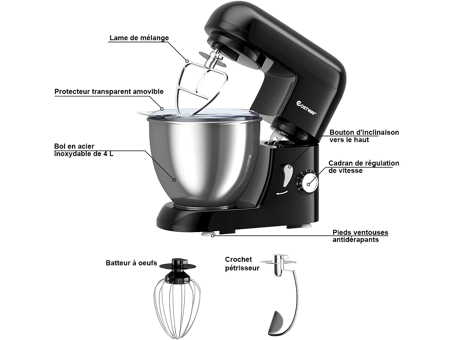 Robot pâtissier 1300w avec bol d'acier inox 4l, vitesse réglable à 6 niveaux