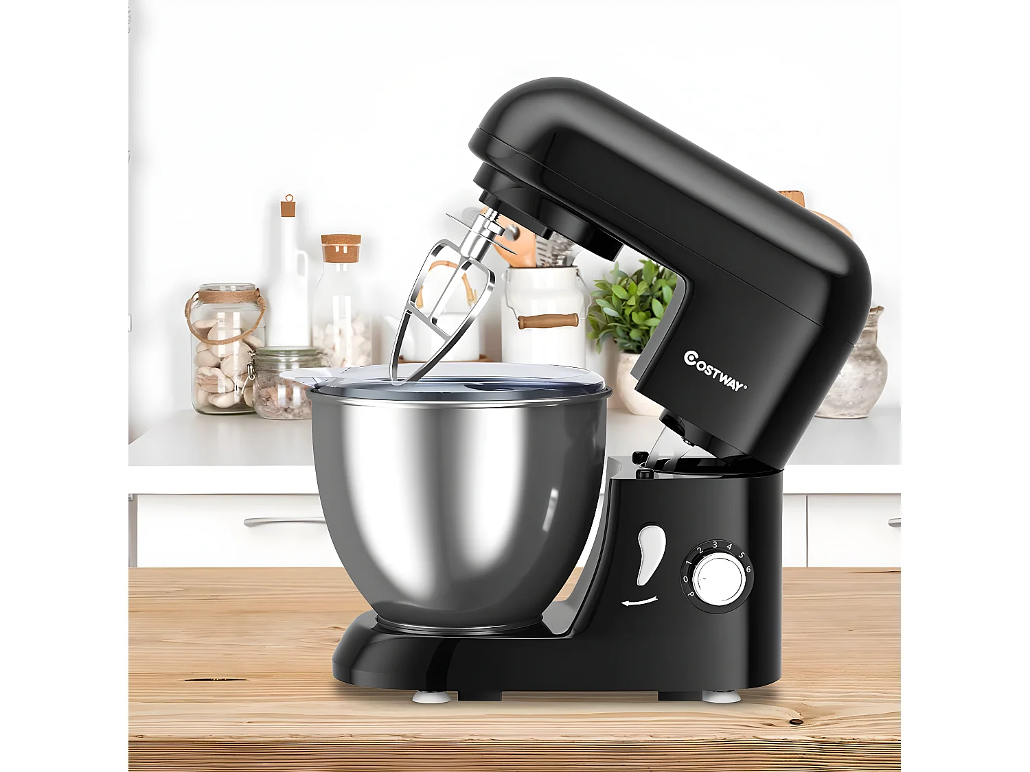 Robot pâtissier 1300w avec bol d'acier inox 4l, vitesse réglable à 6 niveaux