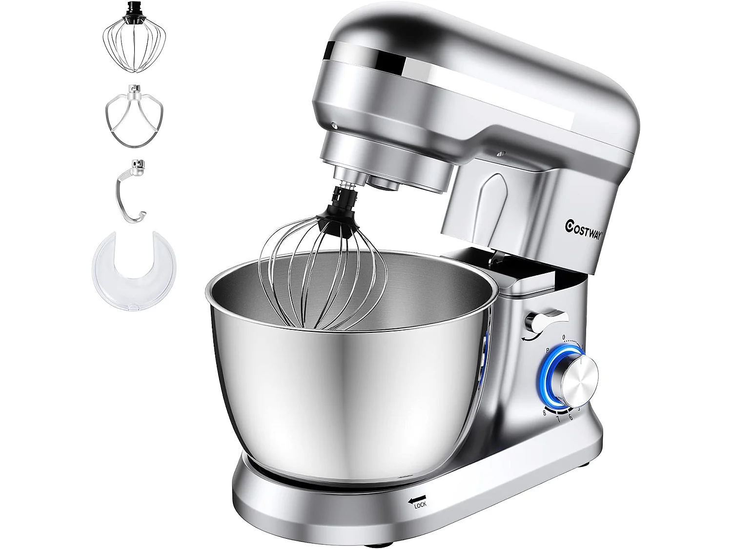 Robot pâtissier 1300w avec bol 4,5l en acier inox batteur electrique à 8 vitesses réglables