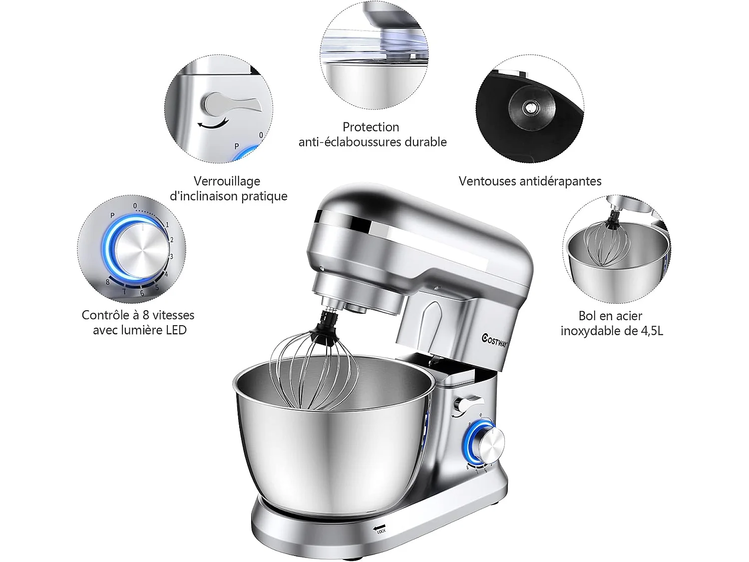 Robot pâtissier 1300w avec bol 4,5l en acier inox batteur electrique à 8 vitesses réglables