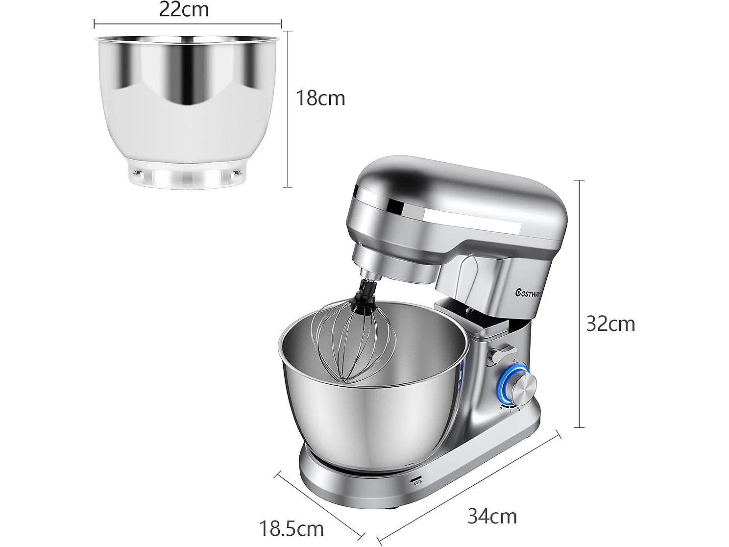 Robot pâtissier 1300w avec bol 4,5l en acier inox batteur electrique à 8 vitesses réglables
