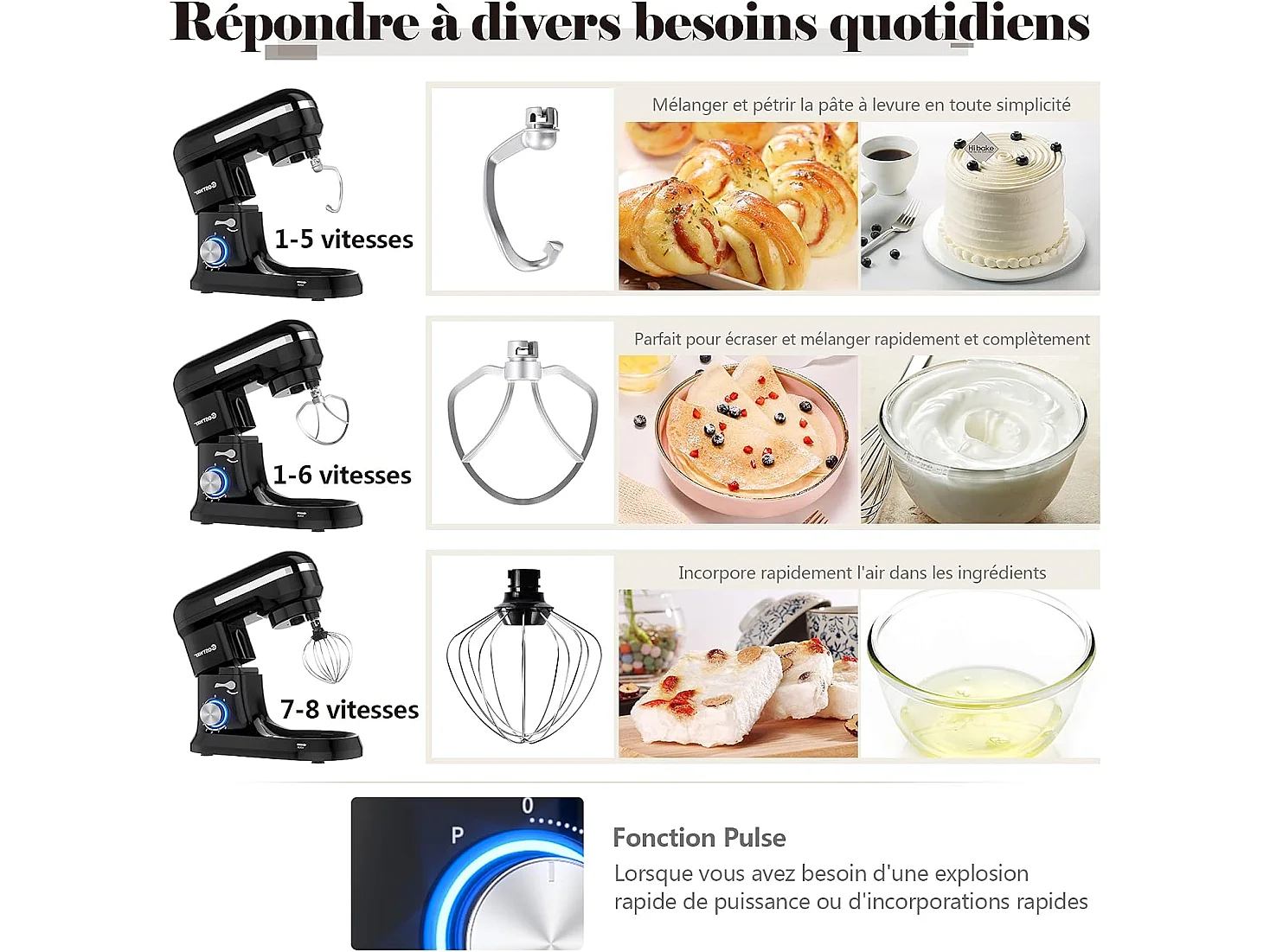 Robot pâtissier 1300w avec bol 4,5l en acier inox batteur electrique à 8 vitesses réglables