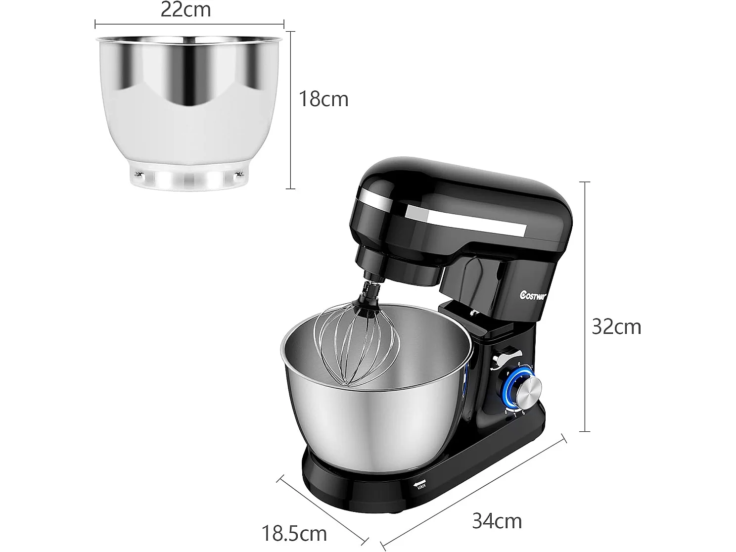 Robot pâtissier 1300w avec bol 4,5l en acier inox batteur electrique à 8 vitesses réglables