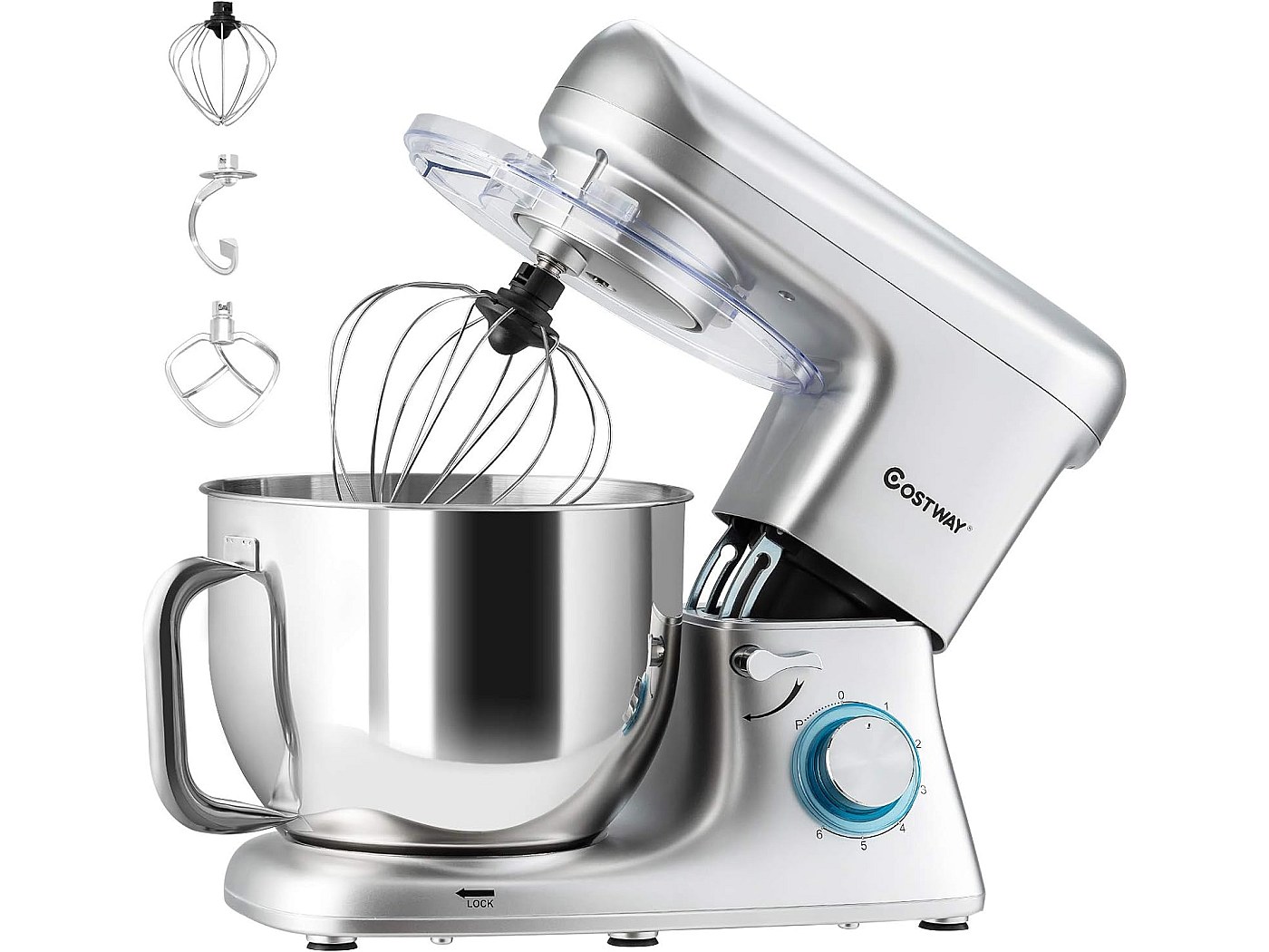 Robot Pâtissier Multifonction 100W - Bol Inox 1,7L - 7 Vitesses - Batteur, Fouet, Crochet à Pâte - Manuel Ou Sur Socle