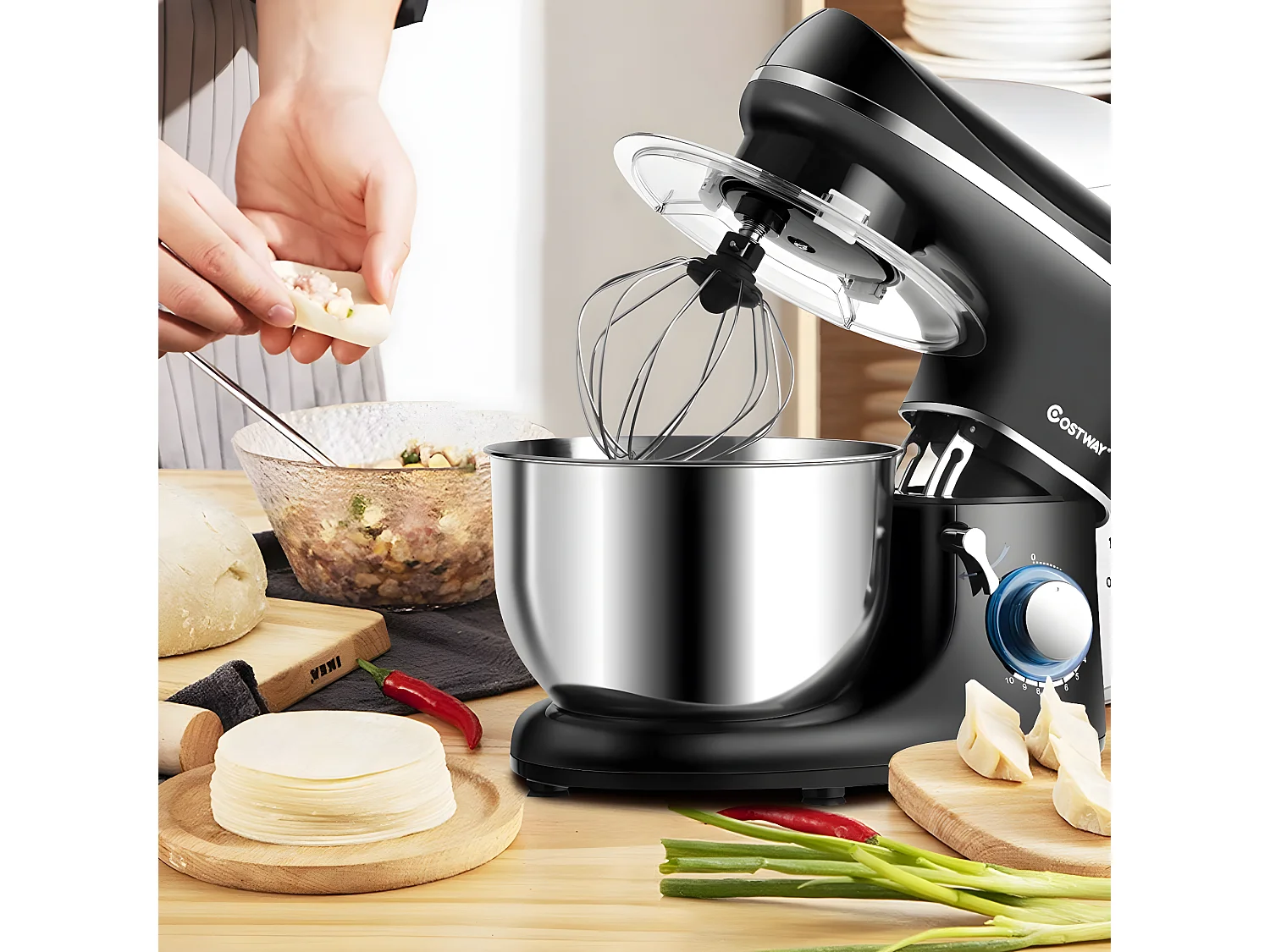 Robot pâtissier 1300w,220-240v~50/60hz avec bol d'acier inox 5,5l, vitesse réglable à 10 niveaux