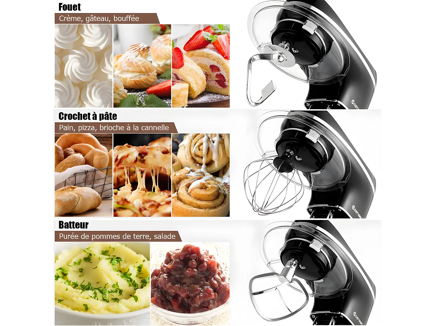Robot pâtissier 1300w,220-240v~50/60hz avec bol d'acier inox 5,5l, vitesse réglable à 10 niveaux