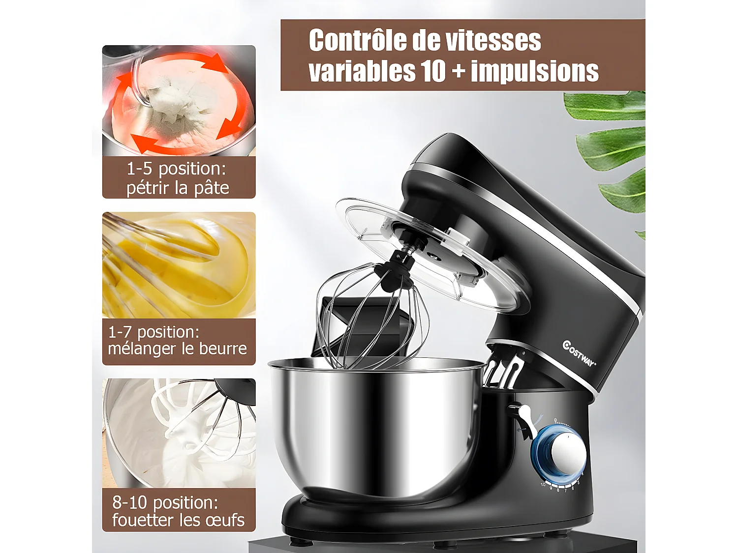Robot pâtissier 1300w,220-240v~50/60hz avec bol d'acier inox 5,5l, vitesse réglable à 10 niveaux