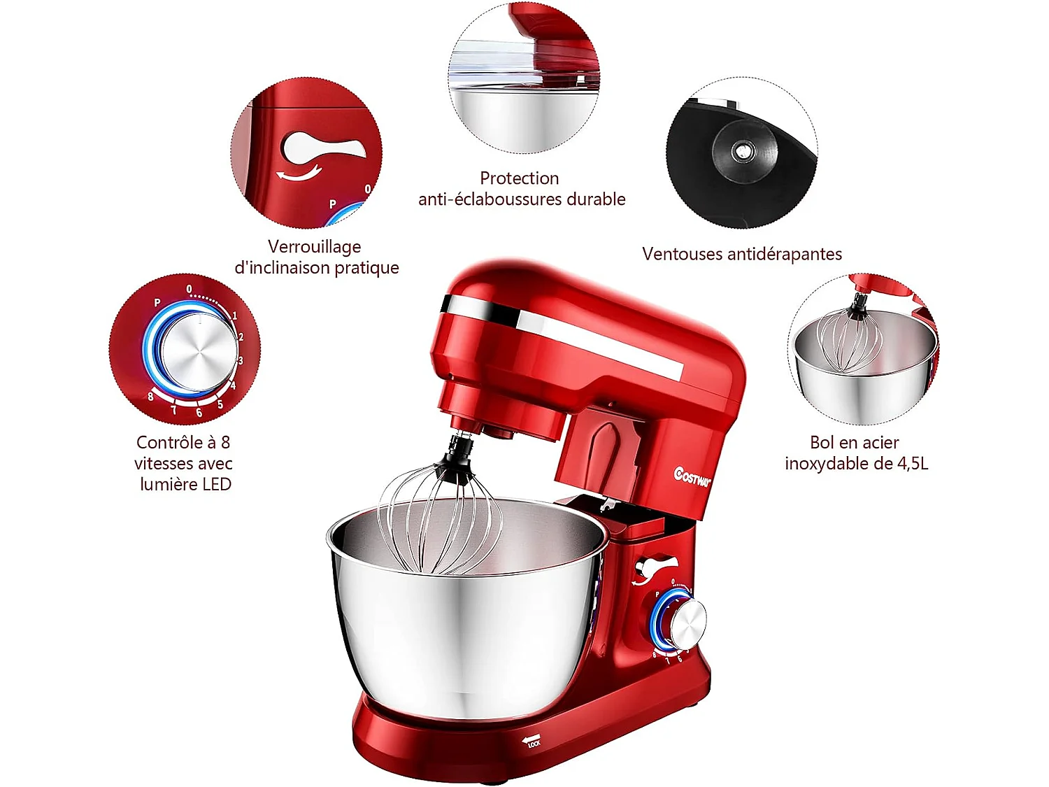 Robot pâtissier 1300w avec bol 4,5l en acier inox batteur electrique à 8 vitesses réglables