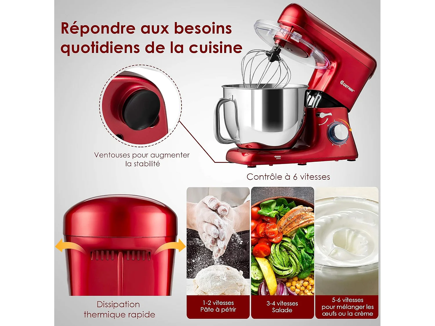 Robot pâtissier 1400w avec bol 7l batteur electrique en inox et abs à 6 vitesses réglables avec fouet